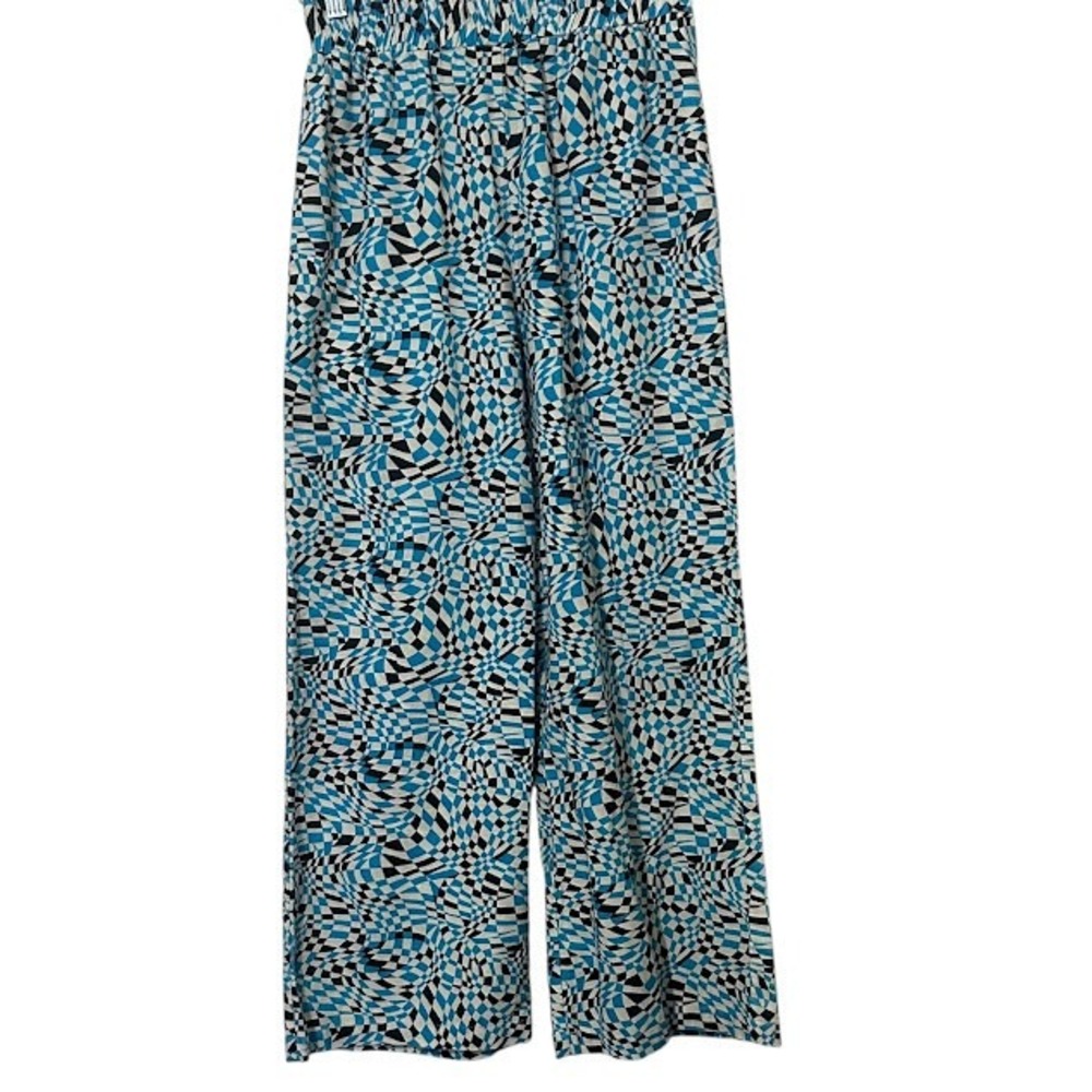 Wray Wide‎ Leg Linen Blend Pull On Blue Black Geometric Wave Print Crop Pants S
